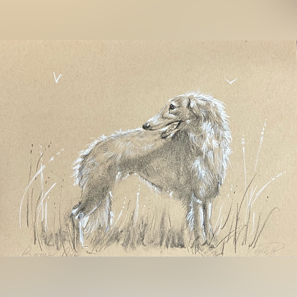 Borzoi Original Dog Painting Charcoal White Pastel russian animal Art artettina